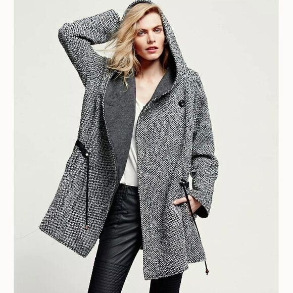 Free People Satellite Image Swing Coat Tweed Hooded Black White Women Medium